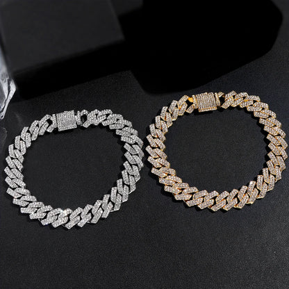 14MM Iced Prong Link Cuban Chain Bracelets for Men Women Full Rhinestones Chunky Miami Cuban Bracelet Punk Hip Hop Jewelry Gift.