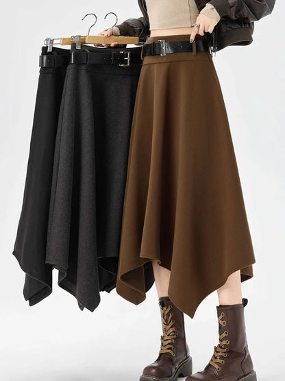 High Quality Irregular Woolen Skirt Women 2025 Autumn Winter New High Waist Slimming Midi Skirt Elegant A-line Faldas with Belt.