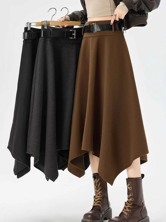 High Quality Irregular Woolen Skirt Women 2025 Autumn Winter New High Waist Slimming Midi Skirt Elegant A-line Faldas with Belt.