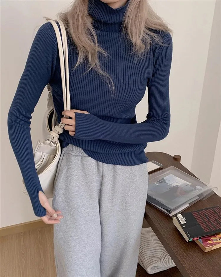 Neue Herbst Winter Grundlegende Gestrickte Tops Frauen Rollkragen Pullover Casual Pullover Koreanische Mode Einfache Mit Daumen Löcher Chic Kleidung