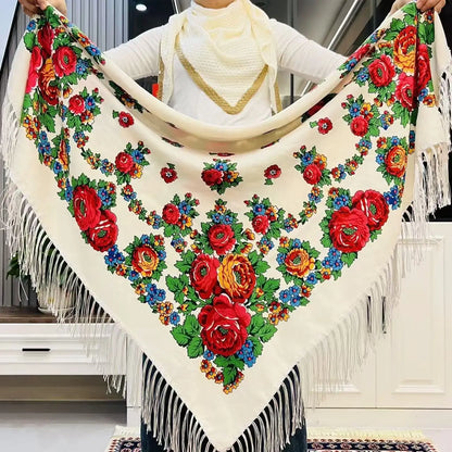 120*120cm Russian National Square Scarf Women Luxury Floral Print Fringed Ukrainian Shawls Scarves Ladies Head Wraps Bandana.