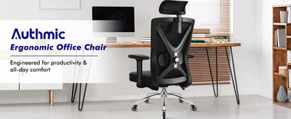 AUTHMIC Ergonomischer Bürostuhl, verstellbare Netzrückenlehne, Lordosenstütze, drehbarer Computer-Schreibtischstuhl für Zuhause, Büro, Arbeit, Gaming