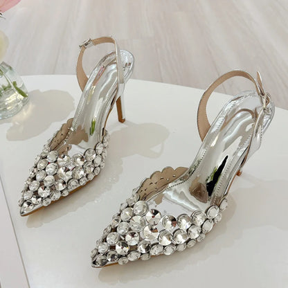 Liyke Elegant Pointed Toe Slingback Stiletto Sandals Crystal Diamonds Women Pumps High Heels Wedding Prom Shoes Zapatos Mujer.