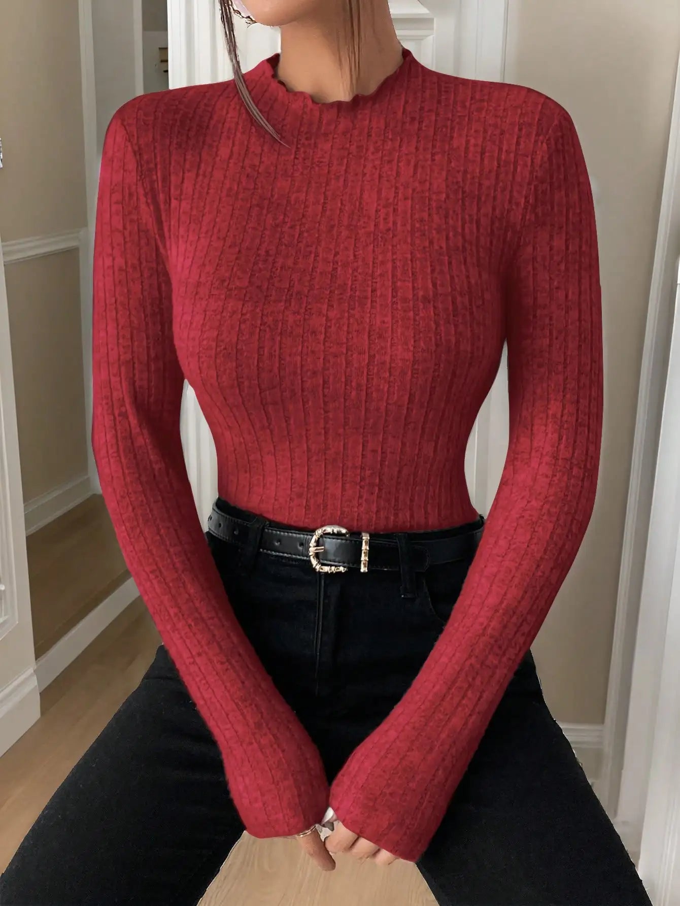Fashion Slim Ruffle Neck Knit Long Sleeve Top, Lace Mid-Collar Women's Striped Bottom Shirt, Autumn and Winter Casual Sweater.