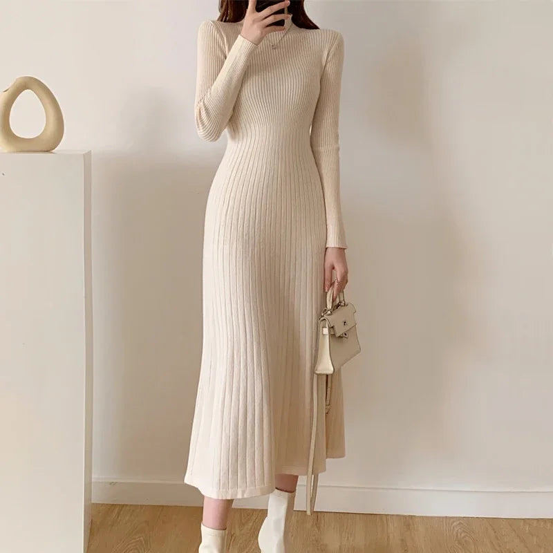 Herbst Winter 2023 Schlank Langarm Party Midi Kleid für Frauen Gestrickte Halb Hohen Kragen Elegante Gestrickte Pullover Kleider Damen.