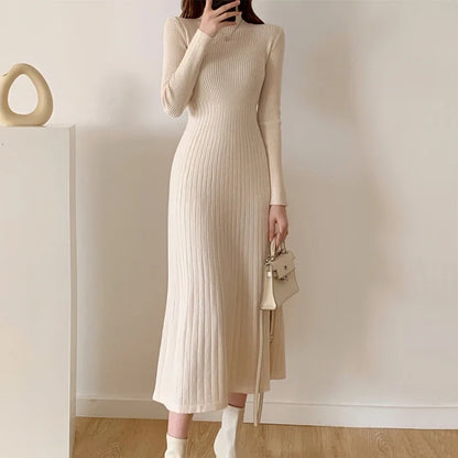Herbst Winter 2023 Schlank Langarm Party Midi Kleid für Frauen Gestrickte Halb Hohen Kragen Elegante Gestrickte Pullover Kleider Damen.