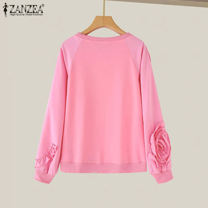 ZANZEA Plus Größe Frauen Solide Sweatshirts Herbst Rüschen Nähte Tops Vintage Oansatz Lässige Mode Lange Puff Sleeve Pullover.