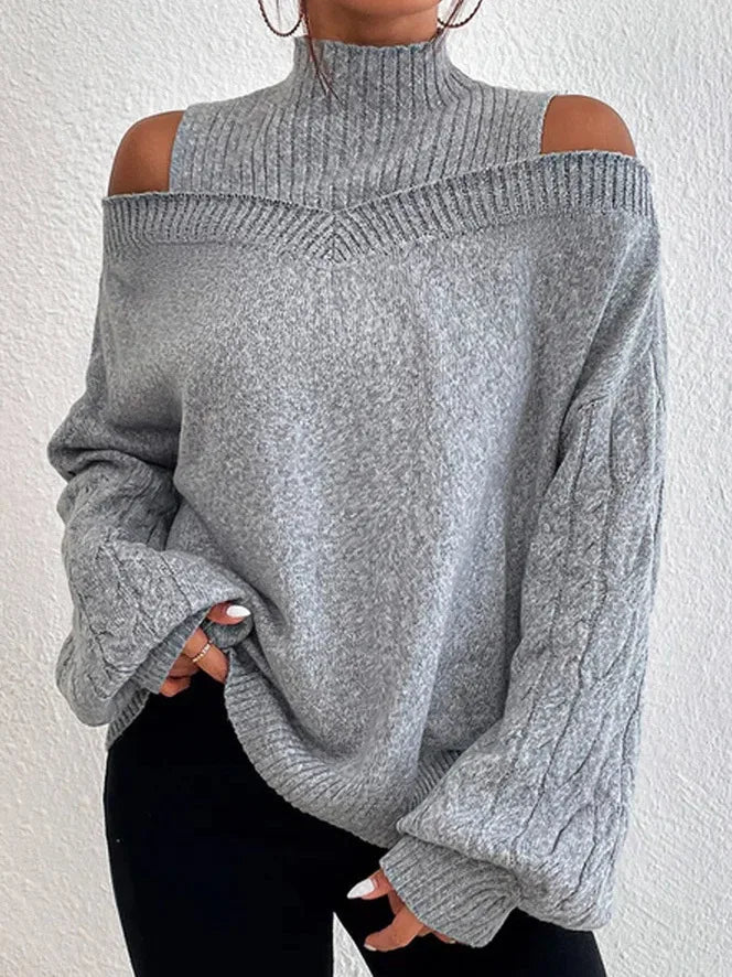 2025 Autumn Winter New Solid Knitting Off Shoulder Sweaters Elegant Office Lady Half High Collar Splice Loose Pullovers Sweater