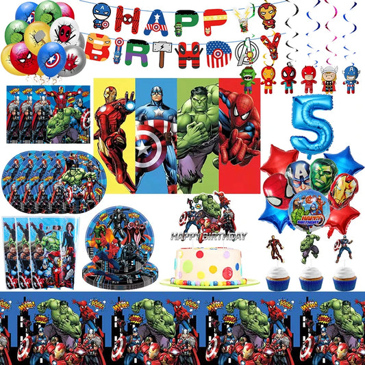 Avengers Marvel Geburtstagsparty-Dekoration für Kinder, Superhelden-Thema, Geschirr-Set, Luftballons, Deko, Happy Banner, Zubehör für Jungen, Gastgeschenke.