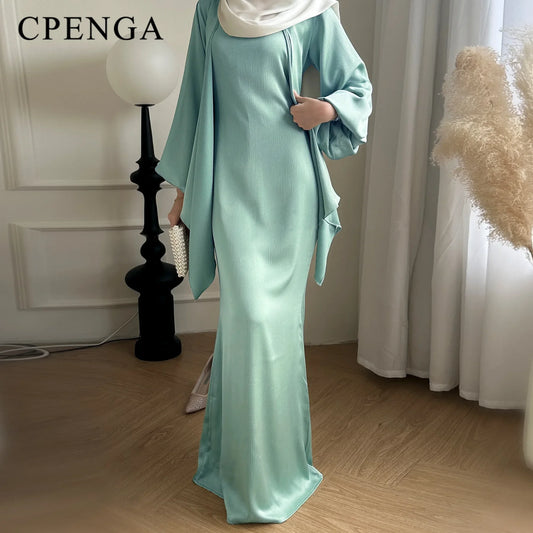 2-teiliges Saudi-Arabien muslimisches Damen-Abaya-Kleid aus Satin für Damen, Islam, Dubai, Urlaub, bescheidene Kleidung, 2024, elegante türkische Robe