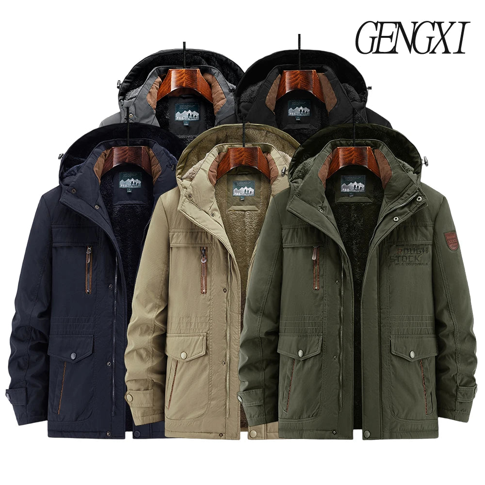 New Autumn/Winter Men's Fleece-Lined Thickened Cotton Coat Casual Vintage Workwear Jacket with Detachable Hood Multiple Pockets.