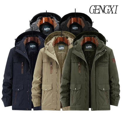 New Autumn/Winter Men's Fleece-Lined Thickened Cotton Coat Casual Vintage Workwear Jacket with Detachable Hood Multiple Pockets.
