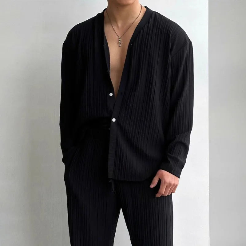 Thin Solid Color Sexy Deep V Cardigan Knitted Sweater Shirt Casual Fashion Suit Two-piece Sets for Men.