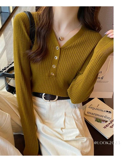 2025 Autumn Winter Women Sweaters Casual Slim Button Knitted Pullover Sweater Femme Basic Solid Jersey Tops Fashion Clothes