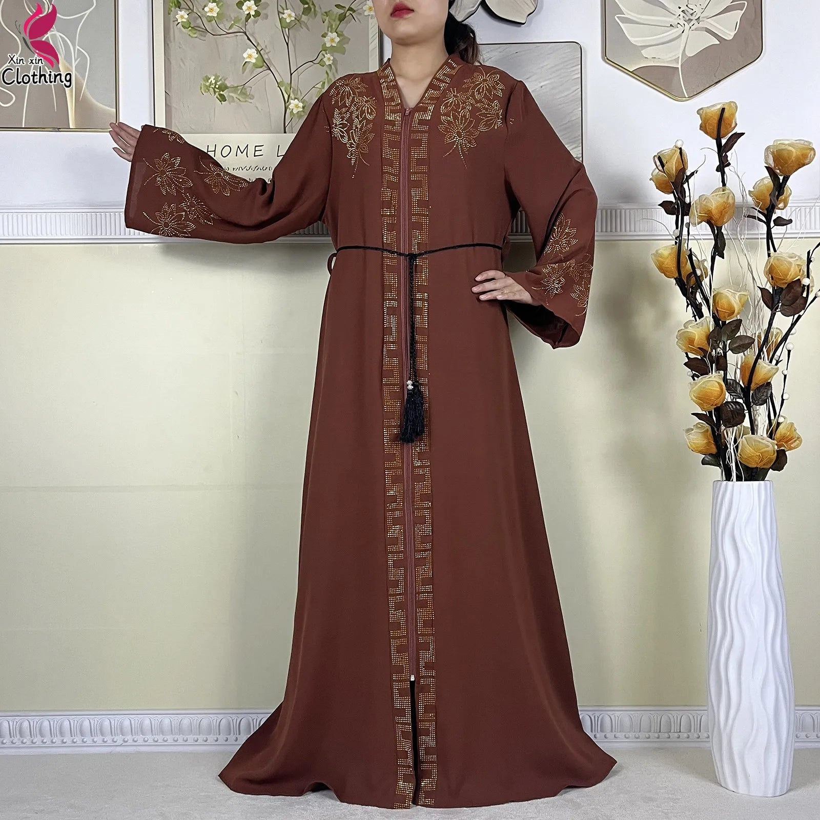 New Muslim Abayas For Women Long Sleeved Dress Dubai Lady Elegant Long Dress Islam Clothing African Abaya Loose Robe With Turban.