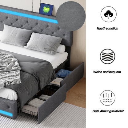 Lazyspace gepolstertes Doppelbett 140/160/180 x 200 cm, mit LED-Licht und 4 Schubladen, Metallrahmen und Holzlatten, Leinen