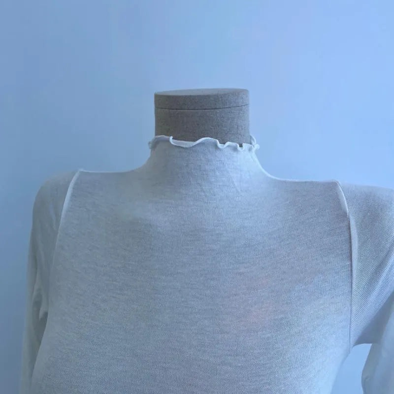 Sexy See-through T Shirt Women High Elasticity Tee Shirt Slim Thin Ruffled Turtleneck T-shirt Female Solid Top.