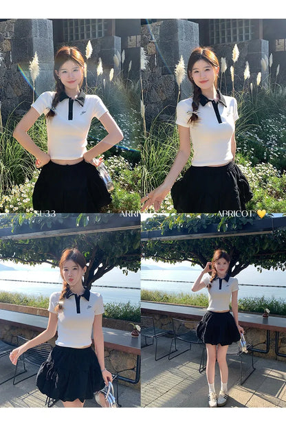 Women's Slim Fit Short Sleeve Polo Shirt Summer New Color Collision Design Red T-Shirt Top Fashionable Casual Business Wear