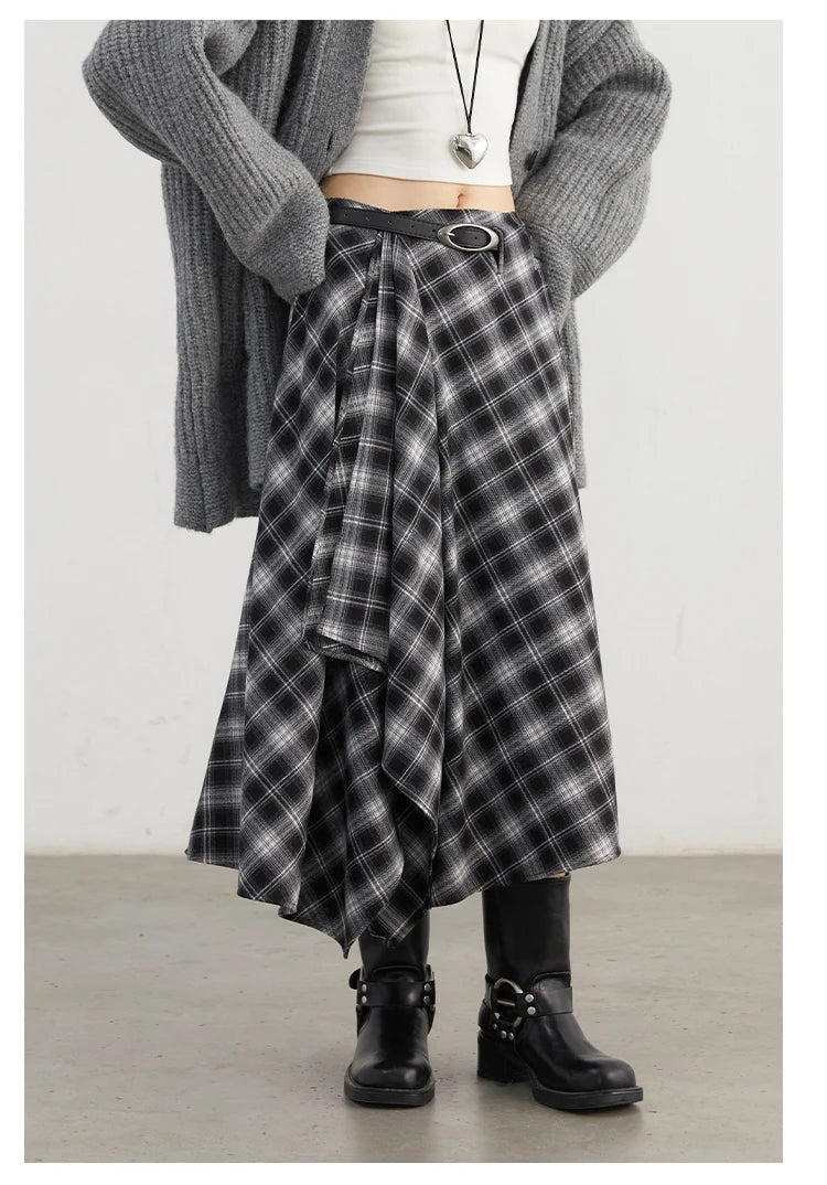 CHIC VEN Women Skirts A Line Retro Loose High Waist Irregular Color Plaid Frosted Half Body Long Ladies Skirt Winter 2025