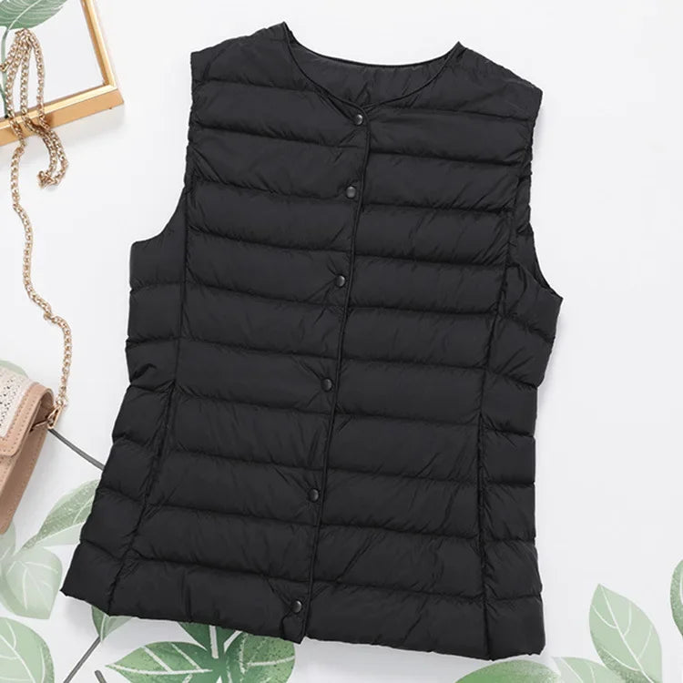 2023 Neuankömmlinge Herbst Winter warme Frauen ärmellose Daunen futter Taillen mantel weibliche ultraleichte weiße Enten Daunen weste Jacken