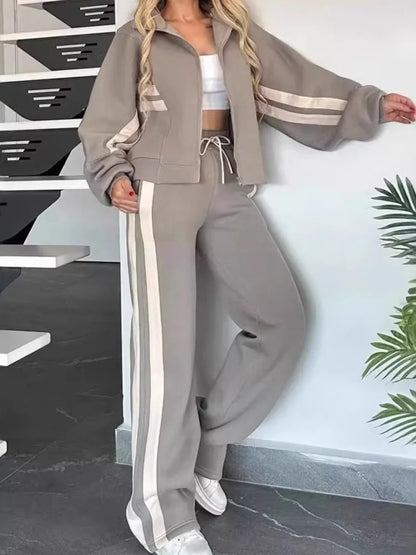 Fashion Striped Hoodie Set For Women Casual Long Sleeve Zip Tops+High Waist Wide Leg Pants 2 Piece Sets Lady Y2k Sports Clothes.