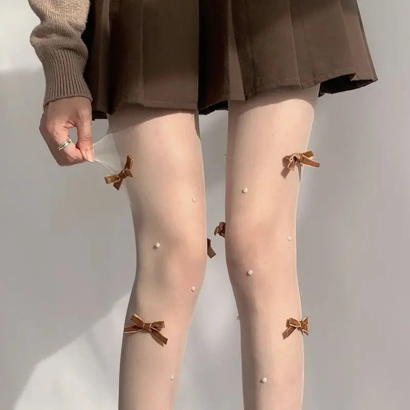 Lolita Pink Velvet Bow Embroidery Pearl Tights Pantyhose Fashion Women Tights JK Lolita Styles Sweet Girls Kawaii Cute Stocking.