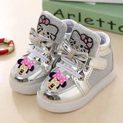 Disney Minnie girl children's sports shoes flashing shoes cartoon LED casual shoes.
