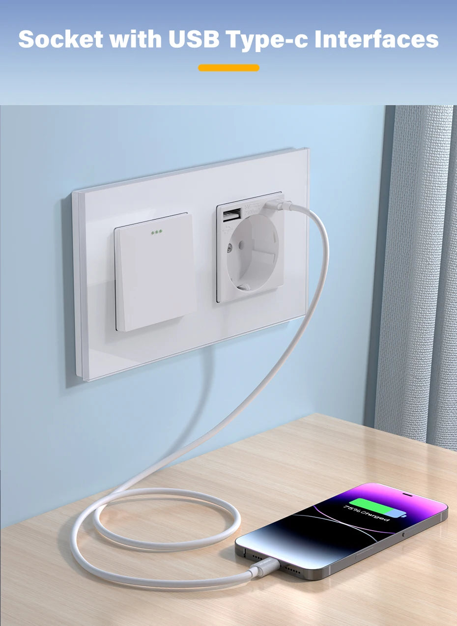 BSEED 1/2/3 Gang Wandschalter 2-Wege-Treppenlichtschalter Plus Typ-C USB-Buchse EU-Standard-Glasscheibe.