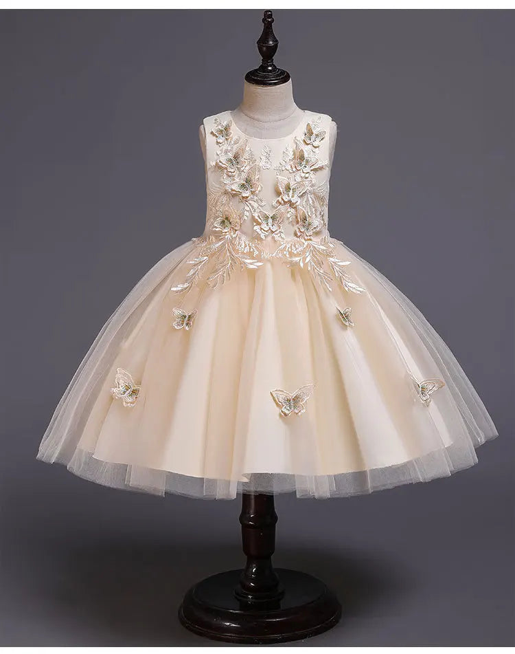 Elegantes Kleid für Mädchen, Abend, Hochzeit, Schmetterlingsapplikationen, Netzstoff, Prinzessinnenkleid für Kinder, Geburtstagsfeier, Abschlussball, Performance-Kleid.