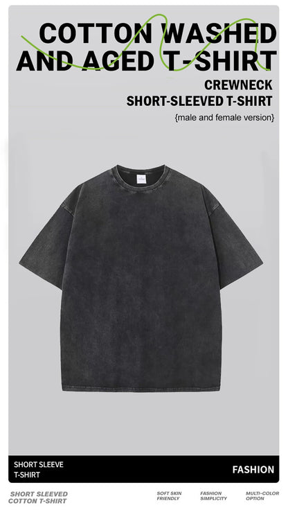 American Style Retro Heavyweight Solid Color Short Sleeved T-shirt Men Women Summer Street Trendy Washed Old Oversized Clothes.