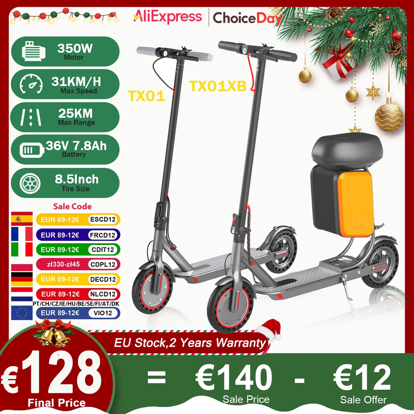 JUICEASE 350W Electric Scooter 350W Motor 36V 25KM Long Range 8.5Inch 31KM/H with Seat Storage Box Smart App Foldable Escooter.