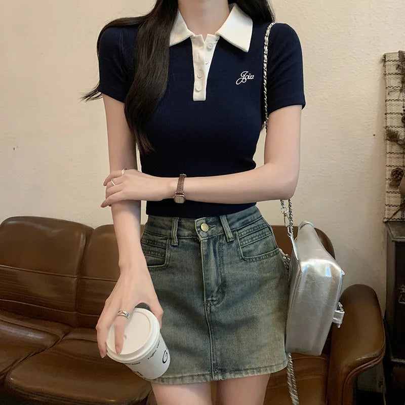 Original Quality Short Sleeve Polo Neck T-Shirt Women's Slim Fit Waist Cinched Sexy Design Casual Sweet Style Polyester Fabric.