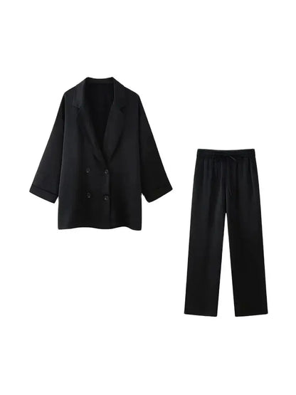 Women's Double-Breasted Loose Blazer Coat and High Elastic Waist Wide Leg Pants, Female Two Piece Sets, Fashion.