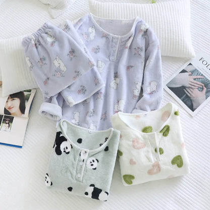2025 New Winter Women's Pajama Set with Thickened Fleece and Flannel Warm Head Cartoon Comfortable Home Clothing Set Pijama