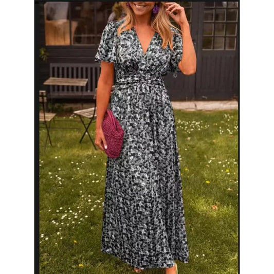 Shein 2024 Neues langes Damenkleid, elegantes bedrucktes, tailliertes Kleid mit V-Ausschnitt, modische Außenhandelskleidung.