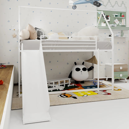 Twin Over Twin Etagenbett mit Rutsche für Kinderzimmer, hausförmiges Bettgestell mit Leiter, kein Boxspringbett erforderlich und einfach zu installieren