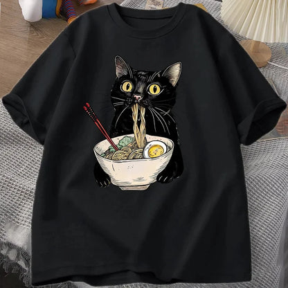Nudel Ramen Katze T-Shirt Foodie Liebhaber T-Shirts Schwarze Katze Nudel T-Shirts Retro Casual Kurzarm T-Shirt für Männer Frauen Kleidung