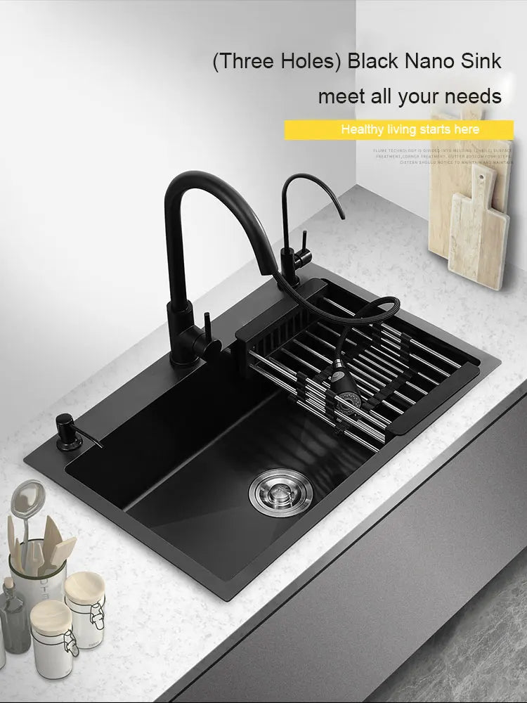 kitchen sink Black nano-sink single-slot household hand-washing basin kitchen large 304 stainless steel sink sink bowl