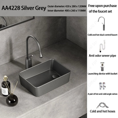 Rechteckiges silbergraues Porzellan-Keramikgefäßwaschbecken über der Theke, Toilette, Badezimmer-Schminktisch, Waschbecken, glasiertes weißes Waschbecken