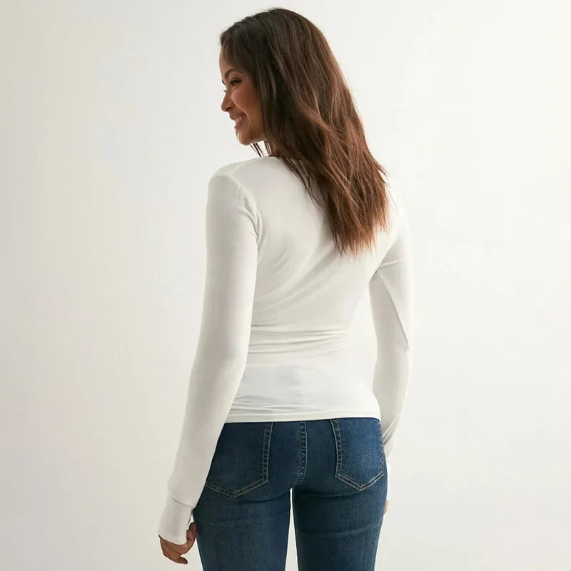 Pure Color V-neck Long Sleeve T-shirt Waist-cinching Sexy Top for Women Cross-border Autumn New Style Y25TP348 Polyester Fiber.