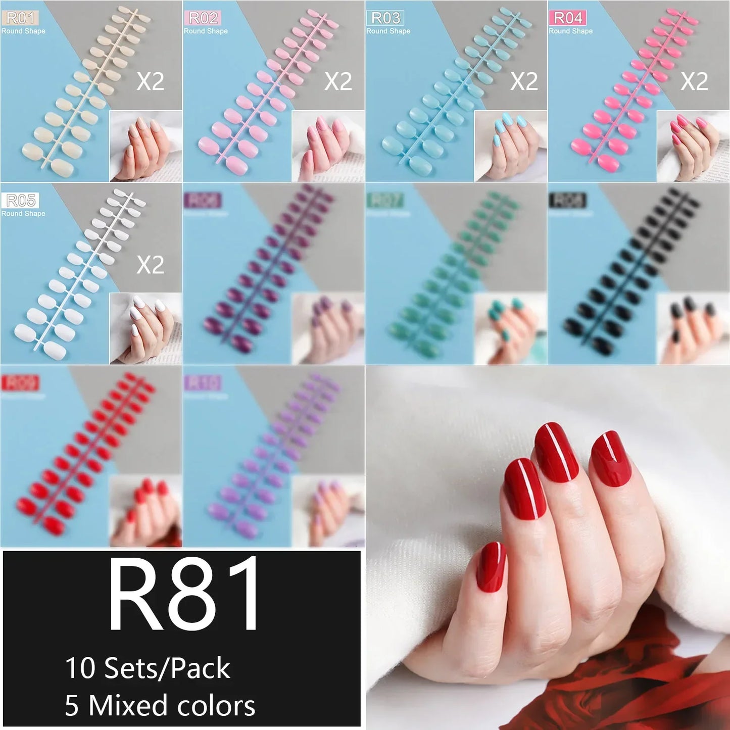 10 Sets/Pack Mixed Solid Colors Coffin Round Square Almond Shape False Nails Full Cover Nail Tips Short Fake Nails Tip Manicure