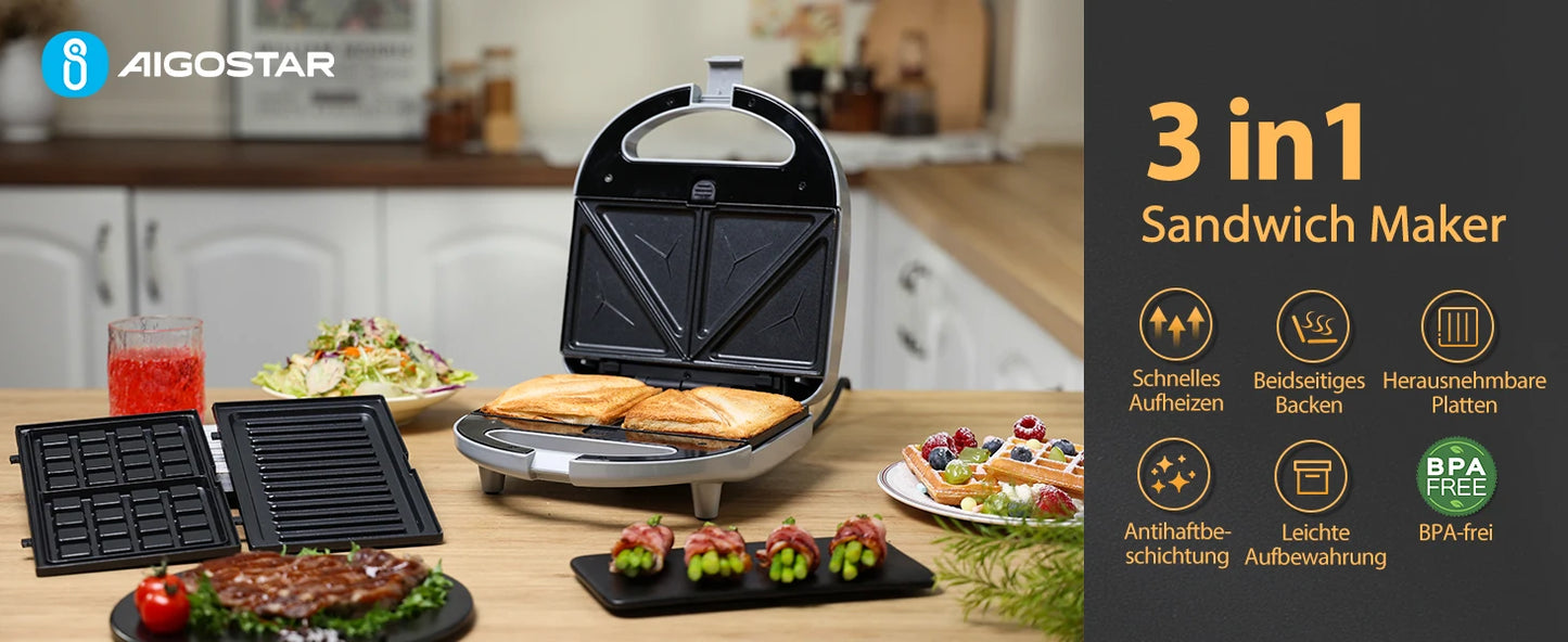 Aigostar Sandwich Maker 3 in 1: Electric Sandwich Maker, Grill and Waffle Maker, 3 Removable Non-Stick and Interchangeable Plates.