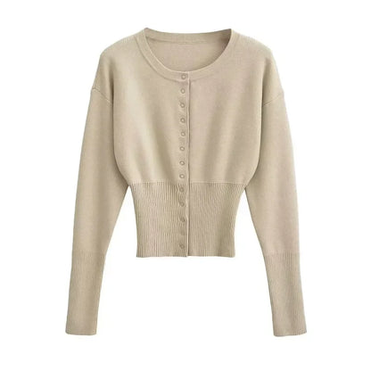 Women's High Waist Round Neck Single Breasted Cardigan Solid Long Sleeve Short Sweater Top Autumn Slim Bottoming Shirt