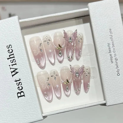 10pcs Pink Cat Eye False Nails 3D Butterfly Fake Nails Diamond Pearl Press on Nails Gradient French Glue on Nail Almond Nail Art.
