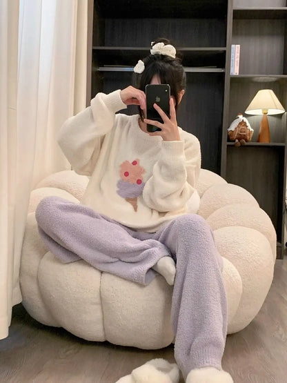 Kawaii Hello Kitty Pajamas Girl Sanrio Long-Sleeved Loungewear Sweet Young Student Girl  Warm Home Clothes Sleepwear Set.