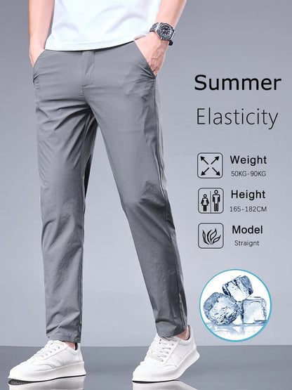 Summer New Business Ice Silk Pants Straight Elastic Waist Black Gray Trousers Breathable Simple Male Clothing Casual Suit Pants.