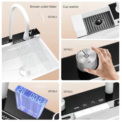 Stainless Steel Kitchen Sink with Hot Cold Pull Out Kitchen Sink Faucets Digital Large Single Bowl Waterfall Rain Kitchen Sinks