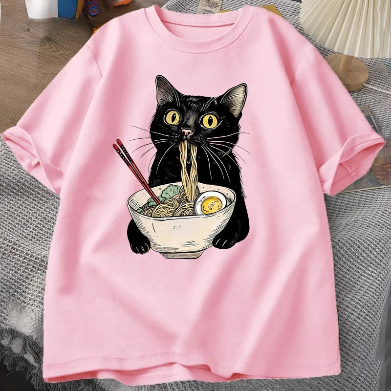 Nudel Ramen Katze T-Shirt Foodie Liebhaber T-Shirts Schwarze Katze Nudel T-Shirts Retro Casual Kurzarm T-Shirt für Männer Frauen Kleidung
