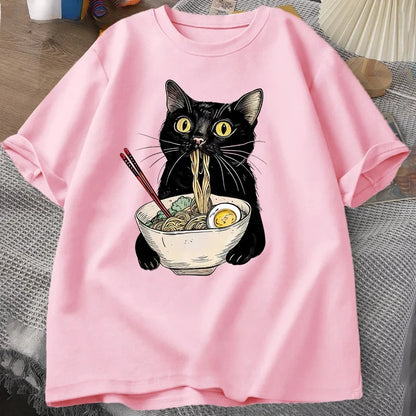 Nudel Ramen Katze T-Shirt Foodie Liebhaber T-Shirts Schwarze Katze Nudel T-Shirts Retro Casual Kurzarm T-Shirt für Männer Frauen Kleidung