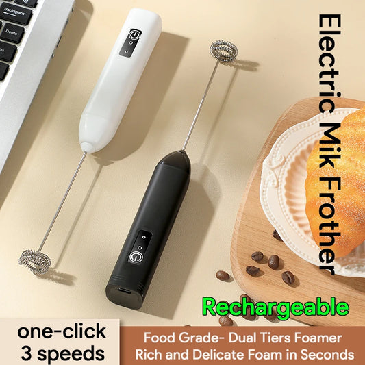 Electric Milk Frother USB Rechargeable Handheld Egg Beater 3 Speeds Foam Maker Mixer Coffee Drink Frothing Wand Foamer Kitchen.
